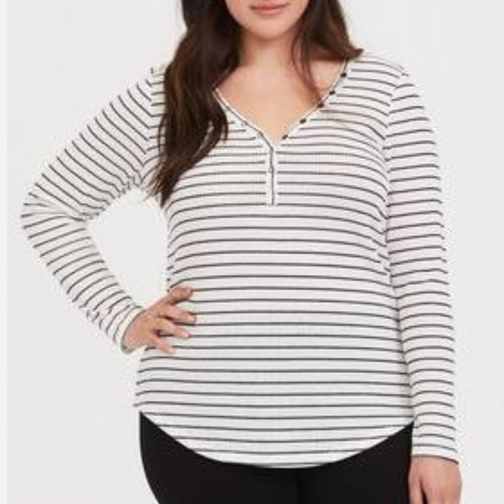 Torrid Black White Striped Waffle Henley Long Sleeve Top Size 3X